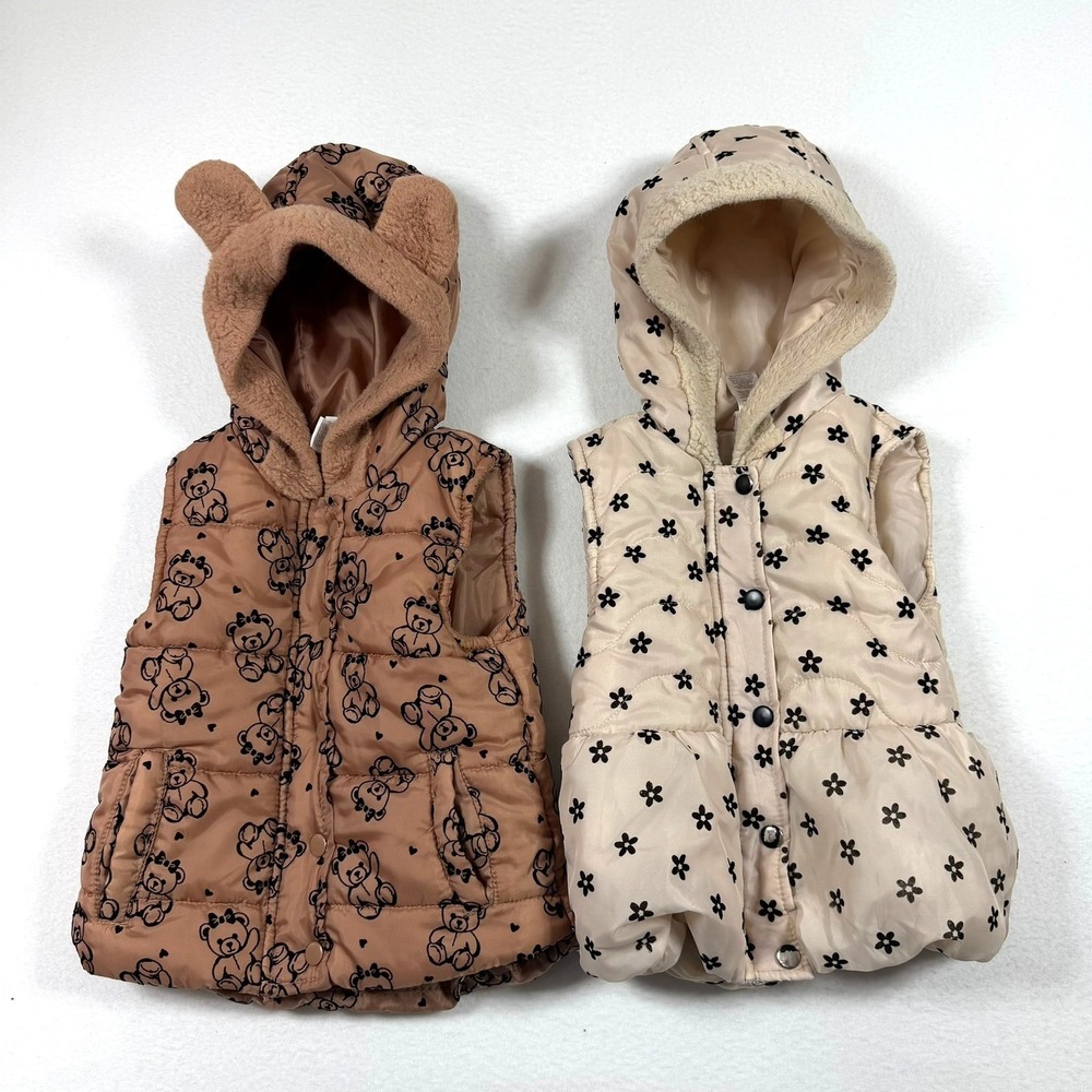 Little Lass Girls 4T Puffer Vest Lot Teddy Bear Ears Floral Peplum Tan Cream